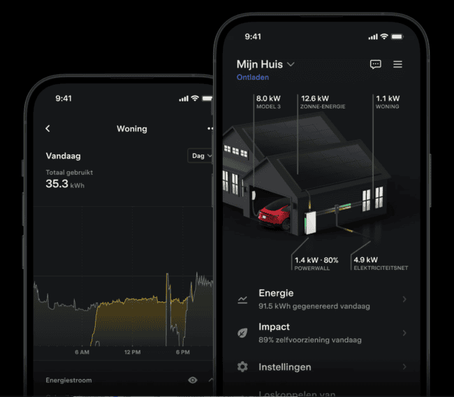 Tesla-app met realtime energiegegevens en batterijstatus van de Powerwall 3.